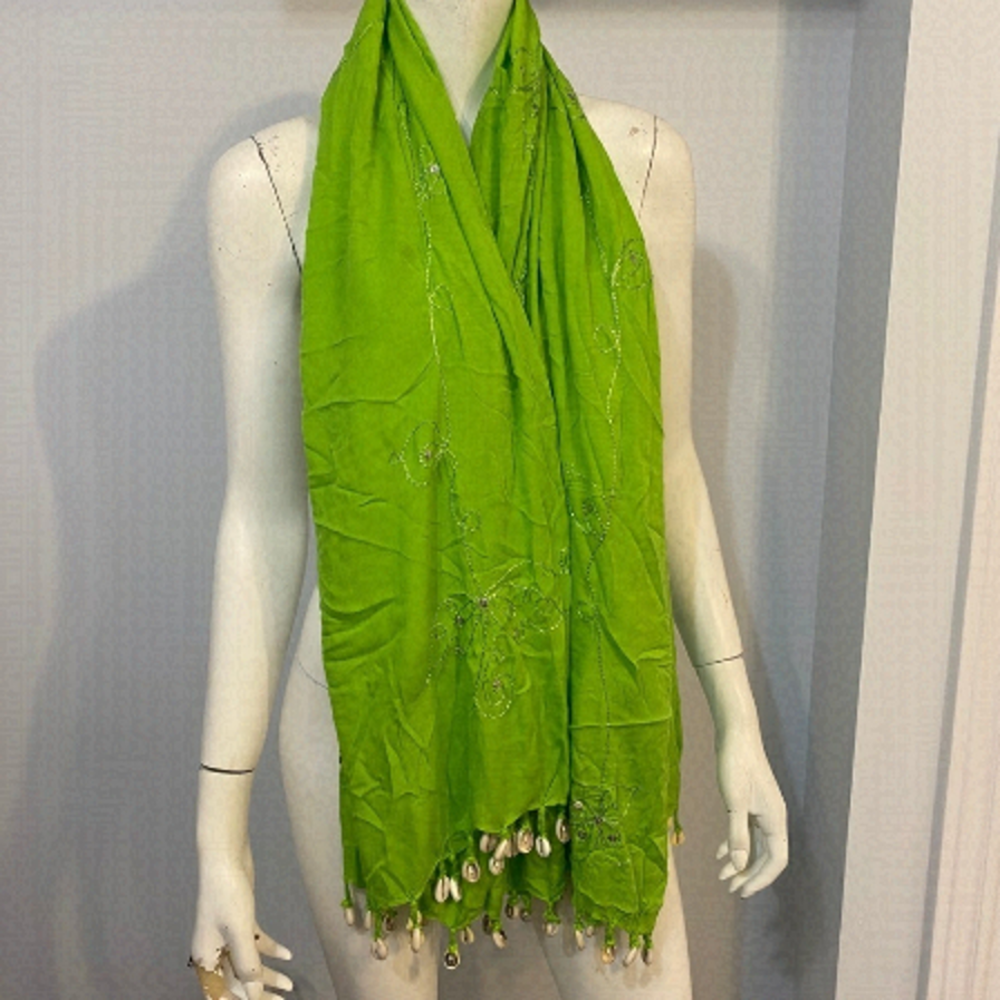 GREEN Scarf Shimmery Embroidery Sea Shells 66”
